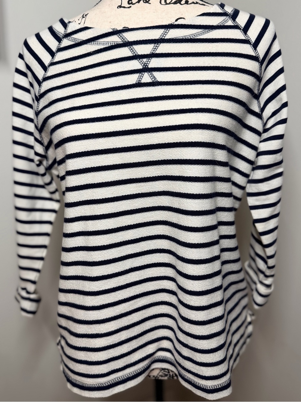 Studio Works Petite Large Navy Ivory Striped 3/4 Sleeve Breton Nautical Preppy